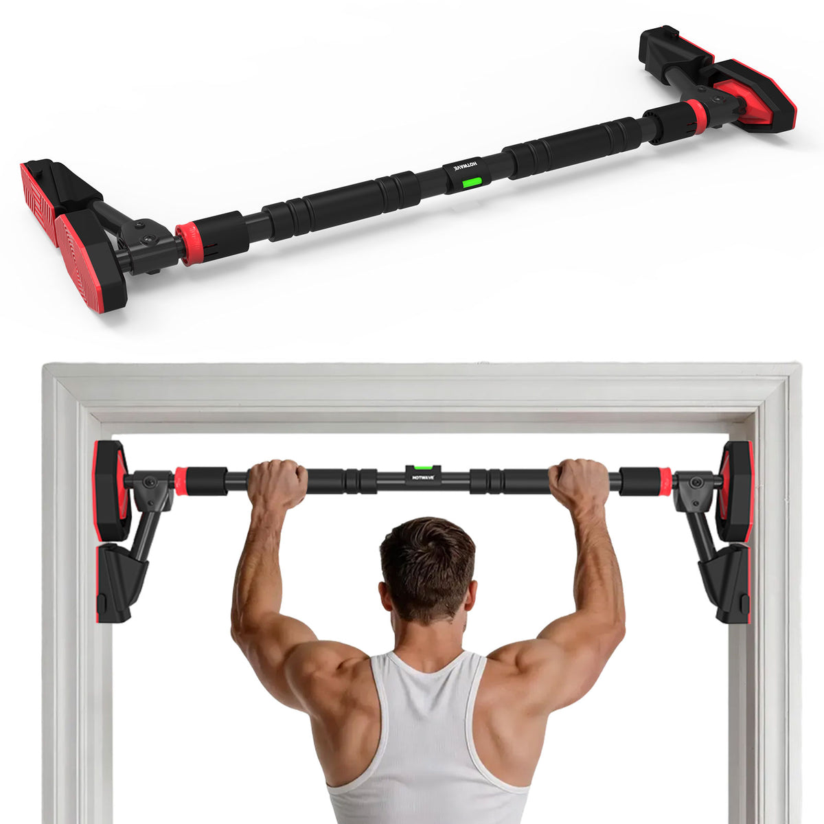 HOTWAVE Doorway Pull Up Bar,Portable Home Gym Upper Body Strength Training, 600LB Capacity, 3-level gear lock, No-Drill Chin Up Bar with Bubble Level, Adjustable Width 28.7-37in / 31.5-40.6in