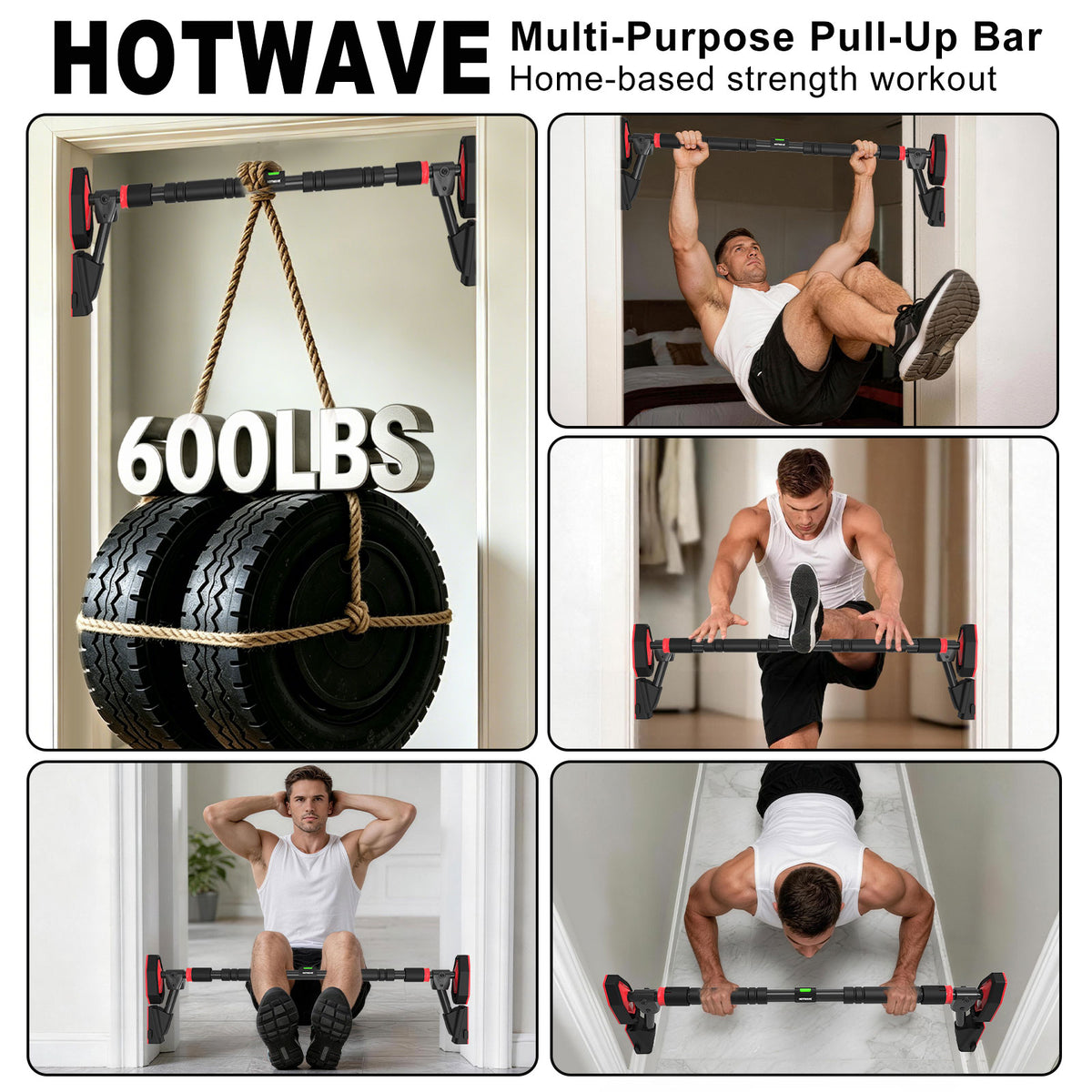 HOTWAVE Doorway Pull Up Bar,Portable Home Gym Upper Body Strength Training, 600LB Capacity, 3-level gear lock, No-Drill Chin Up Bar with Bubble Level, Adjustable Width 28.7-37in / 31.5-40.6in
