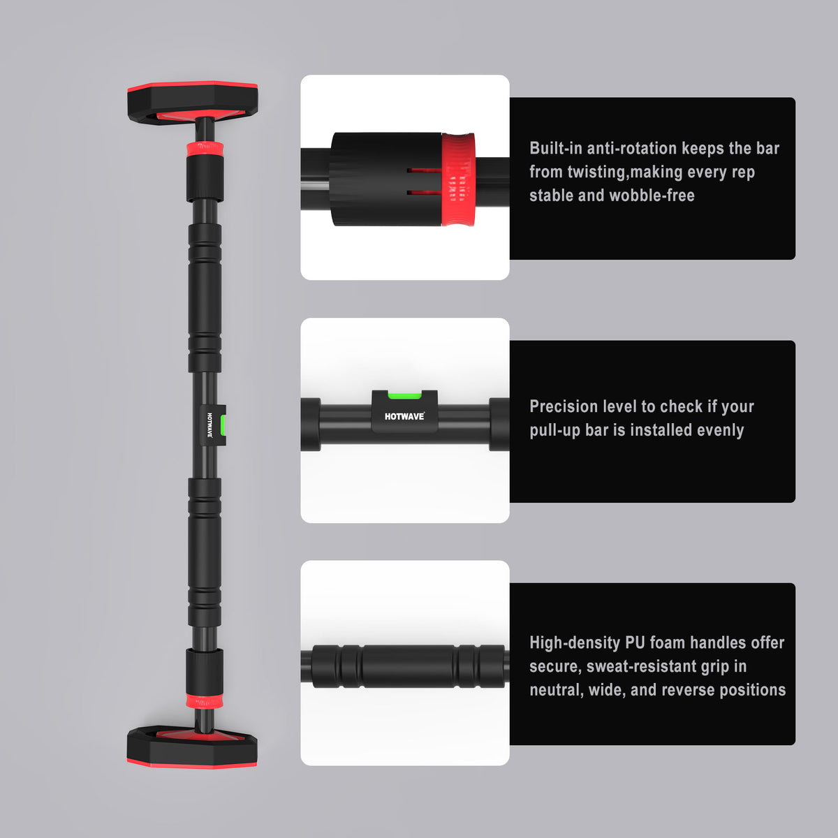 HOTWAVE Doorway Pull Up Bar,Portable Home Gym Upper Body Strength Training, 600LB Capacity, 3-level gear lock, No-Drill Chin Up Bar with Bubble Level, Adjustable Width 28.7-37in / 31.5-40.6in