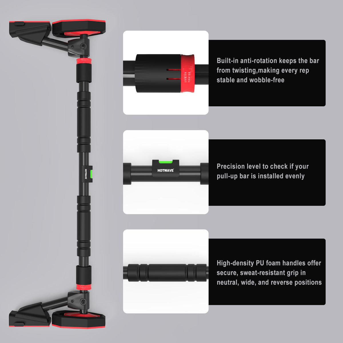 HOTWAVE Doorway Pull Up Bar,Portable Home Gym Upper Body Strength Training, 600LB Capacity, 3-level gear lock, No-Drill Chin Up Bar with Bubble Level, Adjustable Width 28.7-37in / 31.5-40.6in