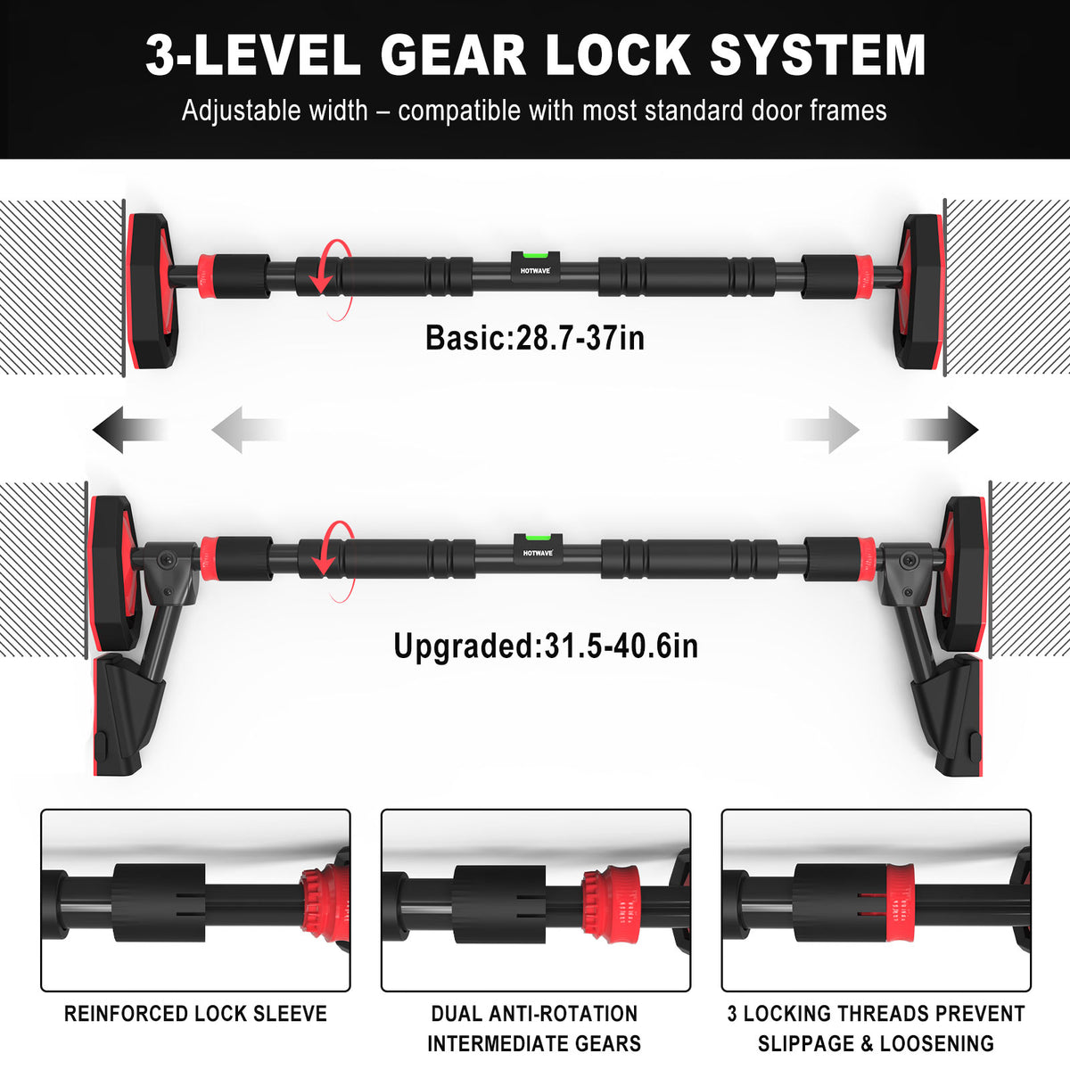 HOTWAVE Doorway Pull Up Bar,Portable Home Gym Upper Body Strength Training, 600LB Capacity, 3-level gear lock, No-Drill Chin Up Bar with Bubble Level, Adjustable Width 28.7-37in / 31.5-40.6in